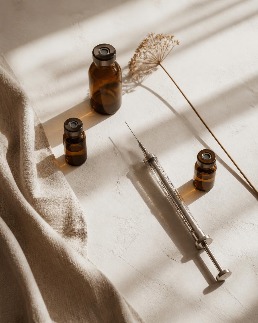 Amber apothecary vials and a stainless syringe on warm ivory linen